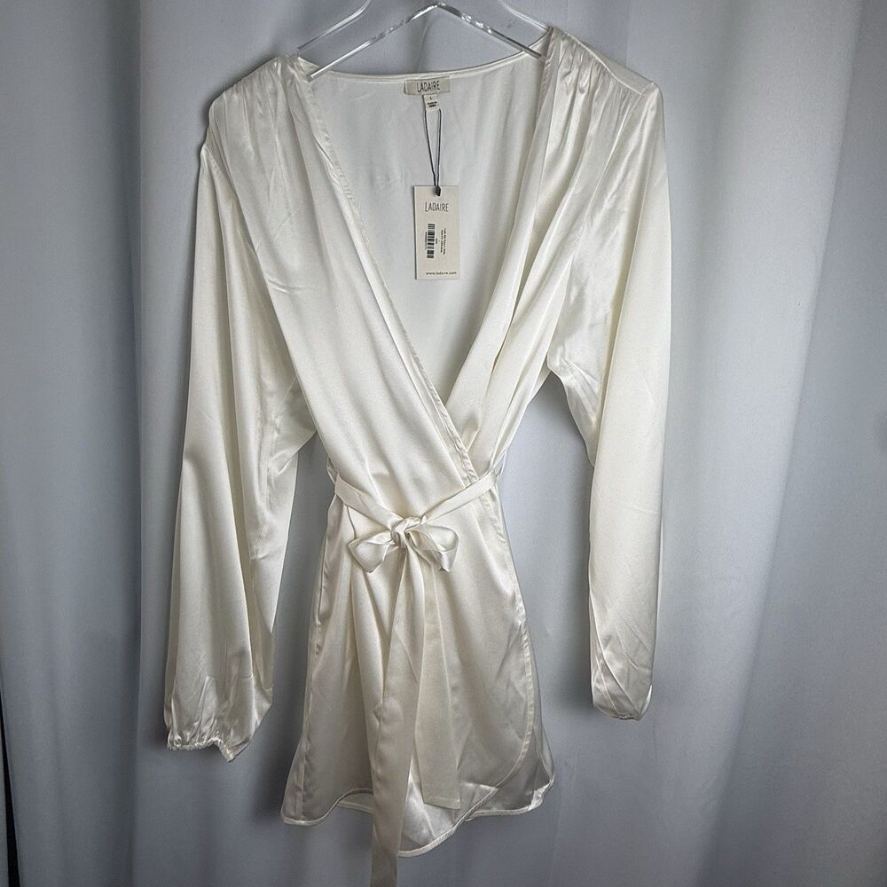 LADAIRE Layla Silk Spandex Blend Long Sleeve Tie Pocket Ivory Mini Robe Sz L New